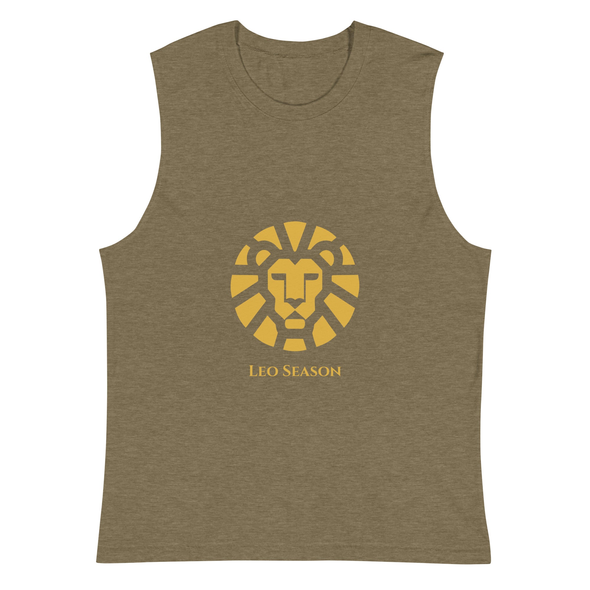 Lion Muscle Shirt in Heather Olive — Leo Season gold lion men's zodiac tank